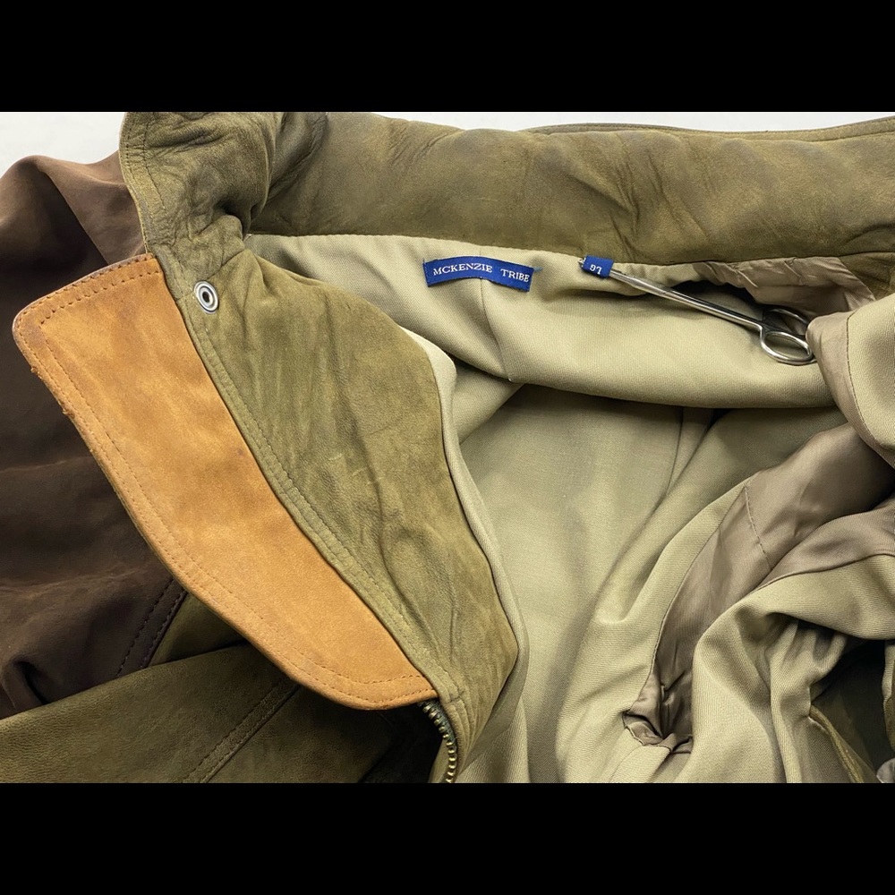 McKenzie Tribe Leather Bomber Jacket Brown Tan Men’s L Hidden Hood Zip Up - Picture 11 of 16